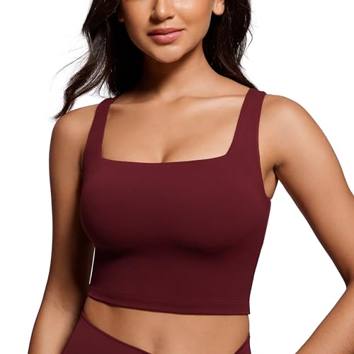 Image of CRZ YOGA Butterluxe Square Neck Crop Tank Top | Light Support, Removable Pads, Yoga, Extremely Soft, Wide Straps, Longline Sports Bras for Women