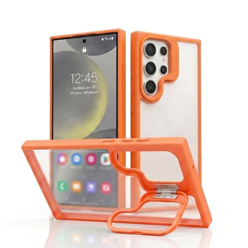 Image of amazon basics Frosted Matte Case for Samsung Galaxy S24 Ultra 5G | Built-in Flip-Out Camera Lens Stand | Translucent Back with Contrast Orange Bumper | Shockproof Protective Cover