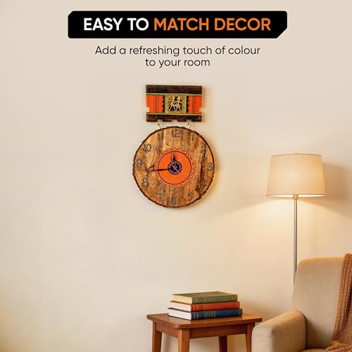 Image of AAKRITI ART CREATIONS Handcrafted Hanging Wall Clock Multicolor | Clock for Home, Home Decoration | Dhokra Art Wall Hanging Wall Clock, Lightweight Wooden wall Decor | Matte Finish