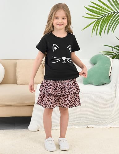 Image of Little Girls Skirt Set - 2 Piece Short Sleeve Top Shirred Tiered Skirt Outfit Girls Spring Summer Clothes 3-8 Years