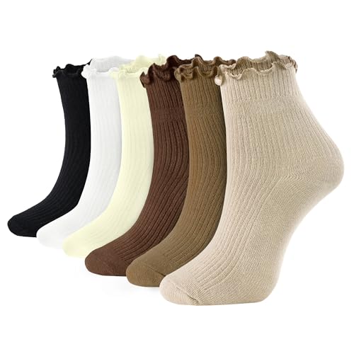 Image of 6 Pairs Ruffle Socks for Women Girls,Casual Cute Ankle Socks Breathable Knit Cotton Warm Soft Frilly Crew Sock