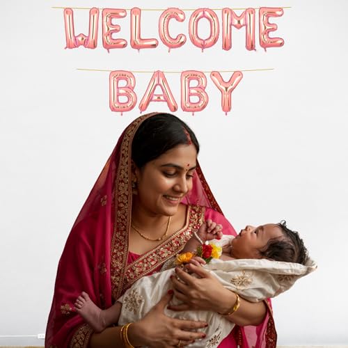 Image of Welcome Baby Banner Rose Gold for Boy Girl Home Foil Balloon Decoration Decor Celebration Rose Golden