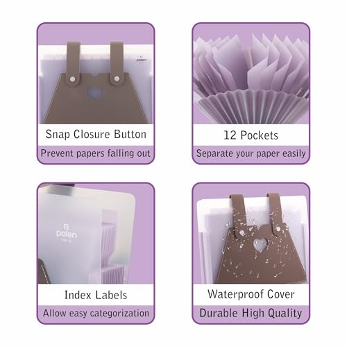 Image of Polen 13-Pocket Expanding File Folder with Handle Straps, Transparent Accordion Document Organizer with Heart-Cut Front Pocket for Certificates, Bills, Receipts & Office Documents.(Purple)