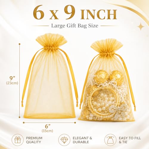 Image of Hopttreely Gold Organza Gift Bags 6x9 Inch, 50PC High-Density Drawstring Mesh Favor Packaging for Jewelry Candy Sachet Goodie, Mini Mesh Favor Bags for Graduation Wedding Baby Shower Birthday Party Gifts