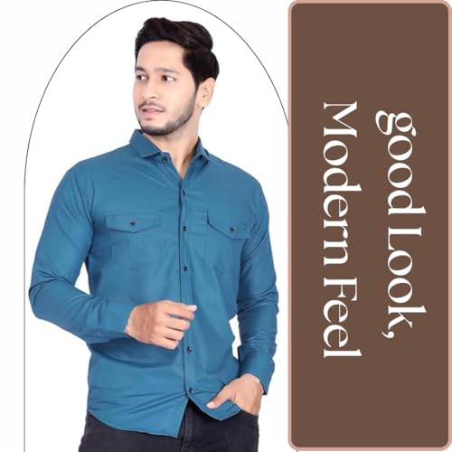Image of Men's Cotton Spread Collar Full Sleeve Regular Fit Solid Casual Shirt with Double Pockets - Stylish Comfortable Shirt for Everyday Wear