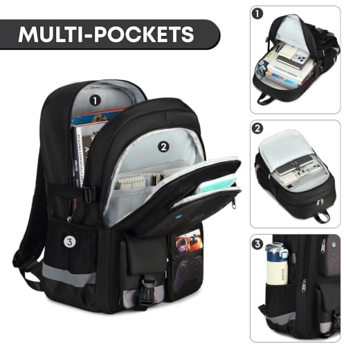 Image of 3PCS Boys Backpack for School Kids Schoolbag Teens Book Bag | Teen Boys Elementary Middle School Backpack College Student Bookbag with lunch box Children Waterproof Laptop Bag Black
