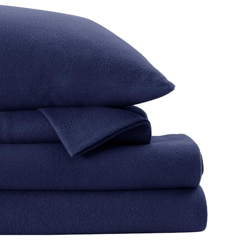 Image of Fleece Sheet Set Full, Soft Plush Bed Sheets, 4-Piece, Dark Blue | 100% polar fleece, plush on both sides for winter warmth; low-shedding, pill-resistant, 15-inch pocket, machine washable