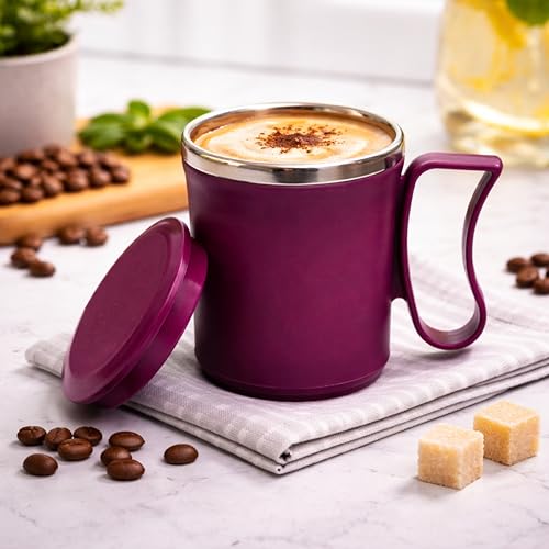Image of Insulated Stainless Steel Coffee Mug with Lid, 300ml, Double Wall, Reusable Travel Mug for Home & Office (Purple - Navy Blue)