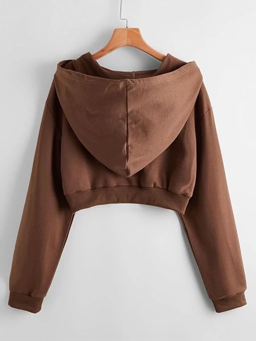 Image of Solid Long Hooded Neck Hoodie Zipper Crop Jacket for Women's