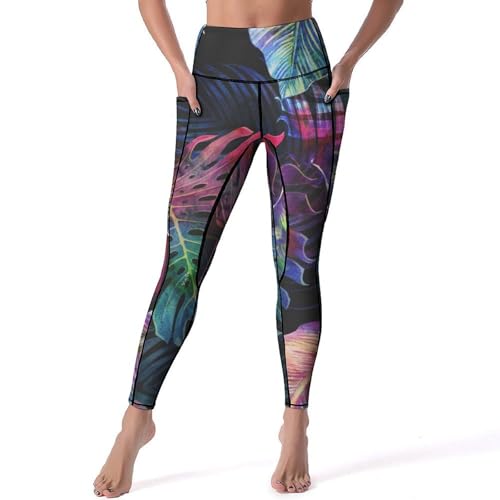 Legging femmes pantalon de sport yoga premium taille haute feuilles de couleur S