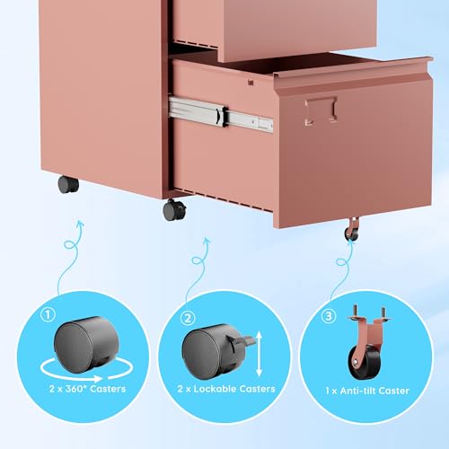 Image of Aobabo Rolling File Cabinet with Lock,2 Drawer Metal Filing Cabinet for Home Office & Under Desk, Heavy-Duty Mobile Storage with 5 Wheels (Anti-Tilt), Fits Letter /Legal,Pink,Required Assembly