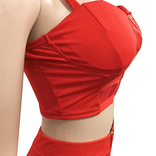 Image of Jigfar Womens Sexy 2 Piece Outfit Spaghetti Straps Crop Top Jumpsuit Party Clubwear(F5215,Red,XL)