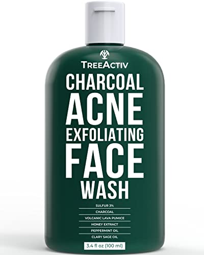 TreeActiv Charcoal Acne Exfoliating Face Wash | Hydrating Sulfur Cleanser for Pimple, Zit, Whitehead, Blackhead, Hormonal, Cystic Acne | Travel Sized Facial Treatment | 200+ Uses