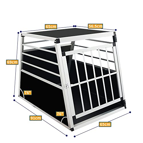 Thanaddo Alu Hunde Autotransportbox – Auto Hundebox robust & pflegeleicht – Gittertür verschließbar - Aluminium Kofferraumbox Reisebox für Hunde Katzen (65x91x69cm 76 Grad)