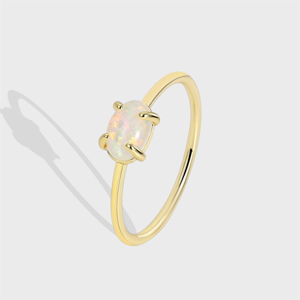 Dainty Opal Promise Band Ring for Women 14K Gold Plated Cute Oval White Fire Opal Birthstone Statement Stackable Finger Rings Comfort Fit Fashion Birthday Wedding Holiday Mother's Jewelry Gift