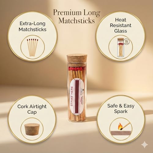 Image of Sage & Herbs Long 35 Matchsticks in a Borosilicated Cork Jar | For Fireplace, Kitchen, Home Temple | Long Burn Time Matcsticks (Red, Extra Long)
