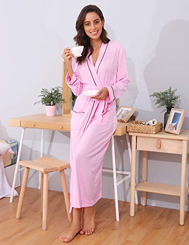 Aibrou Women's Cotton Knit Long Kimono Robe Spa Bathrobe Soft Sleepwear Pink