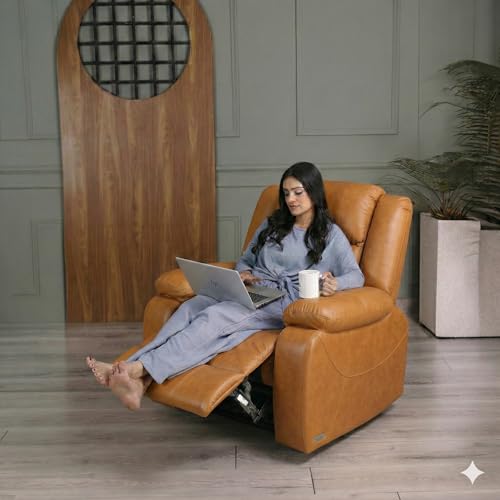 Image of Solis Royale 1 Seater Recliner Sofa Chair | Motorized Recliner Lounge Sofa Chairs for Relaxing | Comfortable Cushioned | Living Room, Bedroom, Office (Classy Calm - Tan, Classy Calm - Leatherette)