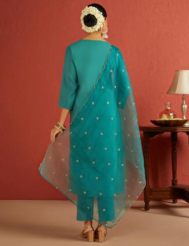 Image of Kaari Women's Hand Embroidered Kurta Set with Dupatta - Straight Fit | Silk Blend Fabric with Dabka Work | Sequin Work Organza Dupatta | Straight Pant with Side Pocket | Kurta Set For Women