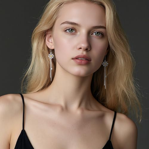 Daisy Earrings Sterling Silver Two Tone Flower Threader Tassel Dangles Jewelry Gifts for Women2