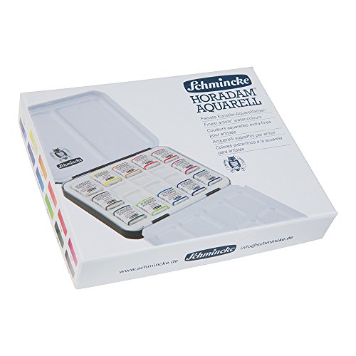 Schmincke - HORADAM® AQUARELL Caja compacta de Pinturas con 12 Finas Pinturas de Acuarela y Paleta de Porcelana, 74 758 097, Caja metálica, Set de Pintura, Finas Pinturas de Acuarela, 12 x 1/2 Godets