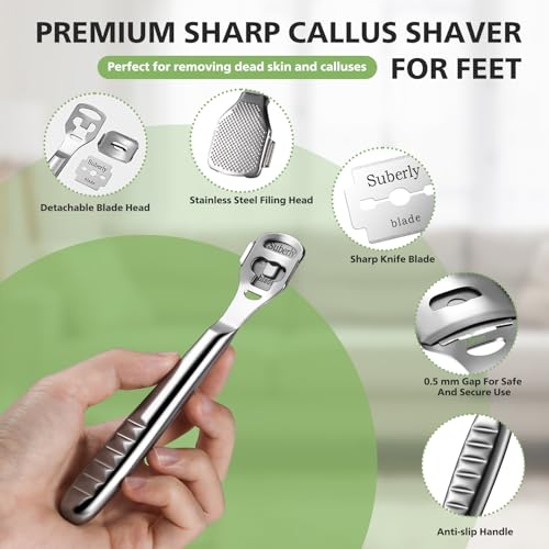 BALUCA Callus Shaver Remover with 10 Replacement Blades – Stainless Steel Comfort Grip Foot Corn Scraper Heel Rasp, Professional Grade Foot Care Pedicure Tool for Effortless Callus Removal - Silver - Thumbnail 4