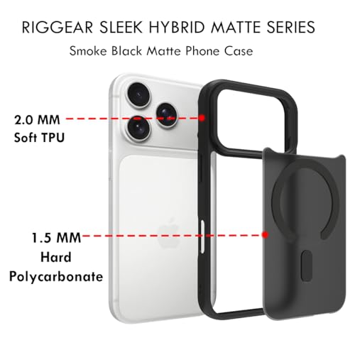 Image of RIGGEAR Shockproof Sleek Hybrid Armor Magnetic Back Cover Case Compatible with MagSafe Accessories for iPhone 17 Pro Max (Smoke Black Matte PC + Black TPU-Bumper)