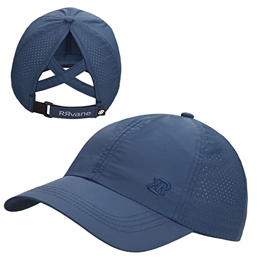 RRvane Women Criss Cross Ponytail Hat Polyester Breathable Unstructured Adjustable Baseball Cap (Navy)