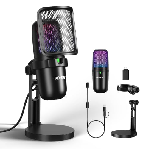 Ko-Star USB Streaming Gaming Microphone, PC Condenser Desktop Mic for Video, Home use, YouTube, with RGB Control, Gain Knob, 3.5mm Headphone Jack, Shock Mount, on Computer/PS5 - (Black)