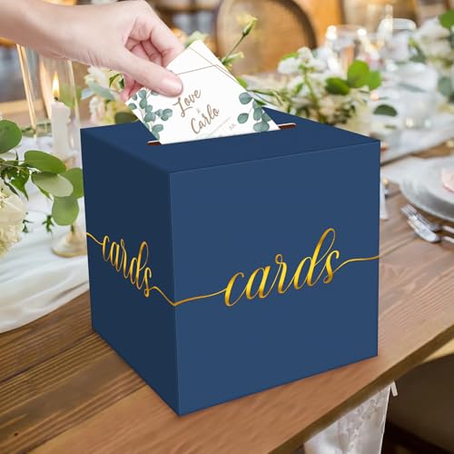 Image of 1 Pack Navy Blue and Gold Foil Card Box for Party, 8.7 inch Navy Blue Gift Card Box Money Box for Birthday, Wedding, Baby Shower, Retirement, Anniversary, Graduation, Raffle Ticket
