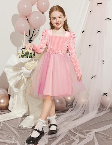 Arshiner Toddler Girls Velvet Dresses Square Neck Fall Winter Long Sleeves Dress for Holiday Party 3-8Y3