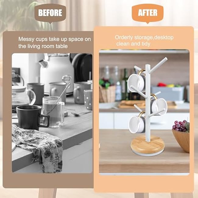Coffee Mug Holder Tree (White), 360¡ã Rotated Coffee Cup Holder for Counter, Wood Coffee Mug Tree with 6 Hooks, Coffee Mug Organizer Station, Mug Stand Coffee Bar Accessories
