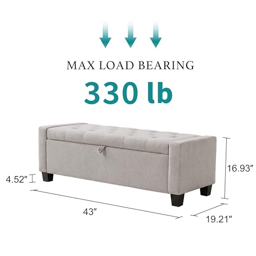 Image of Huatean Home 43 inch Ottoman with Storage, Storage Ottoman Bench with Safety Hinge, Upholstered Entryway Bench with Seating for Bedroom, Living Room, Holds up to 330 lb(Light Gray)