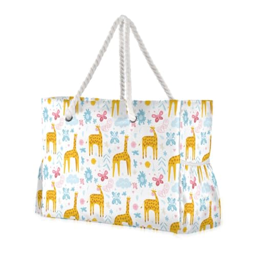 Giraffes Beach Bag & Travel Tote Bag Large Sandproof with Zipper Closure, Wet Pouch for Swim Gym Travel, Lightweight Foldable Outdoor Bag