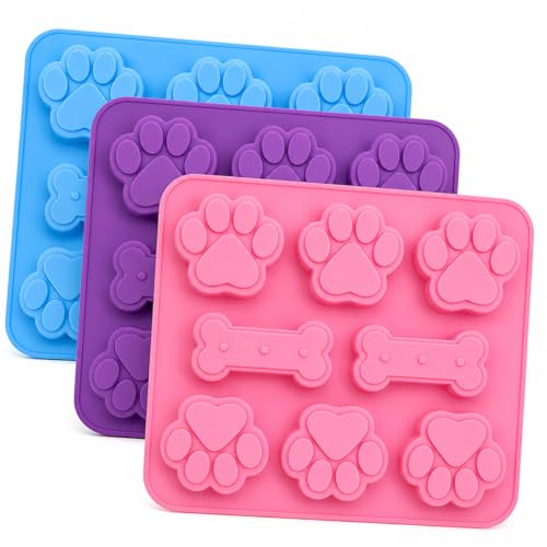Silicone Dog Treat Molds 3 Pack Paw & Bone Shape Non-Stick Baking Mold Food Grade Silicone for Homemade Dog Treats Oven Freezer Dishwasher Safe