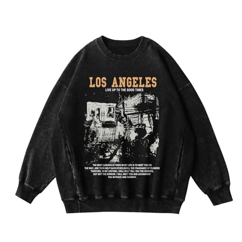 Mens Oversized Crewneck Sweatshirt Vintage Los Angeles Graphic Washed Sweatshirts with Pockets Streetwear Pullover2