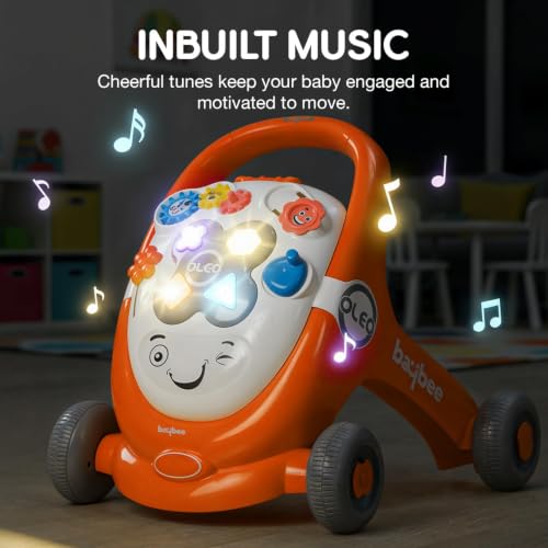 Image of Baybee Oleo Baby Walker for 6-18 Months | Activity Push Walker with Music & LED Lights | Stable Wheels, Easy Grip Handle | Educational Walker for Boys & Girls 0-2 Years (Orange)