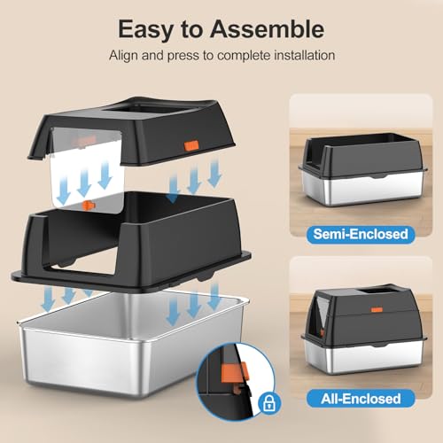 Stainless Steel Litter Box with Lid,Front Entry Top Exit Kitty LitterBox,Extra Large Enclosed Metal Cat Box with Litter Scoop & Litter Mat-Black