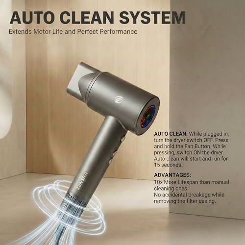 Image of Ionic Hair Dryer, 300 Million Negative Ions For Frizz Free and Breakage Free Hair, Auto Cleaning With 110,000 RPM Brushless Motor,54 dB Quiet Operation, 3 Temperature Settings, Fast Drying for All Hair Types