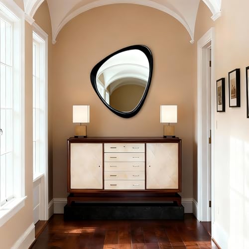 Image of Asymmetrical Mirror, 24 inchx19 inch Unique Irregular Wall Mirror, Wood Mid Century Modern Mirror Decor for Bathroom Bedroom Living Room Entryway Hallway (Black)
