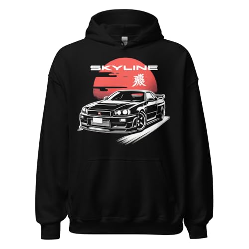 Japanese Sun Black R34 Skyline GTR hoodie for 1990s JDM Tuner Car Culture Enthusiasts