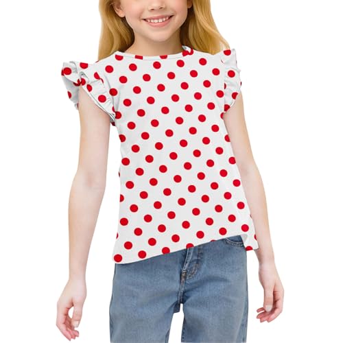 Girls Ruffle Flutter Sleeve Cute Ploka Dots T-Shirts Casual Loose Crewneck Tees Summer Tops for Kids 3-15 Years