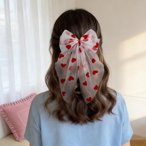 Lazos de cabello Valentine rojo con clip grande con largas colas, malla blanca y corazón rojo, listón de cabello en forma de corazón para mujeres y niñas miniatura 4