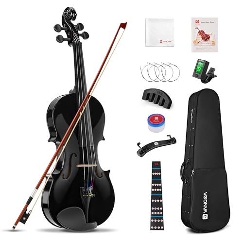 Vangoa 4/4 Full Size Beginner Violin Set, Acoustic Violin for Adults, Teens and Children over 11, Violin Beginner Set (with Hard Case, Rosin, Shoulder Rest, Bow, Spare Strings, Mutes and Black Set) by Vangoa - Used condition - US$58.17