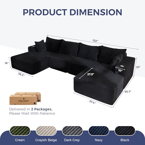 Image of MAXYOYO 132 inch Giant U-Shaped Modular Sectional Couch, Modern Boneless Couch for Living Room, Sofa in A Box, Oversized Sofa with Deep Seat, No Assembly Required, Black