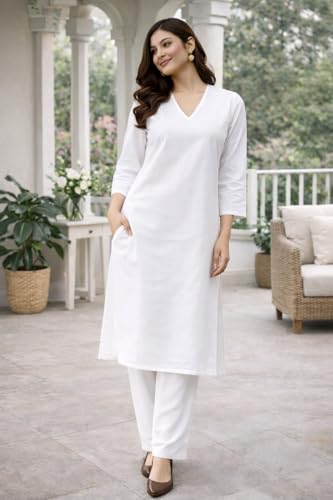 Image of JAIPUR HAND BLOCK Women's Cotton plain Straight Salwar Suit | V-Neck | 3 /4th Sleeve | Regular Fit | Daily, Office & Ethnic Wear(ST00125-V-NEW)