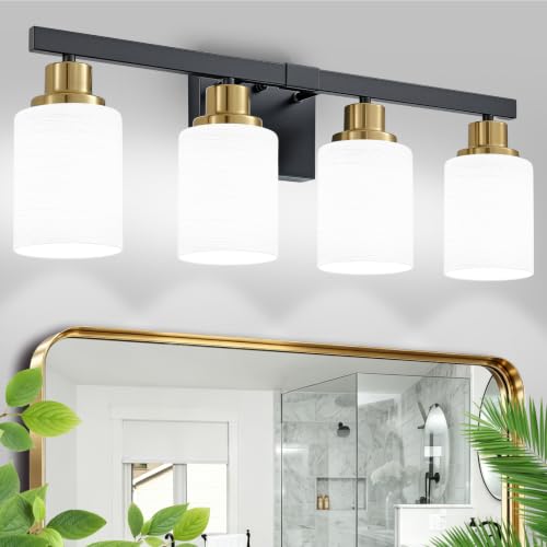 Image of Black and Gold Bathroom Light Fixtures 4-Light Vanity Lights 24in | White Frosted Ribbed Glass Shade Bathroom Vanity Lights Bathroom Lights over Mirror Wall Lamp for Restroom E26 Base