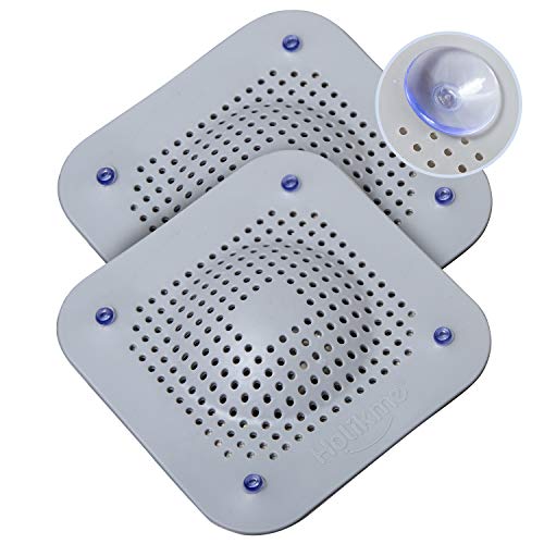 Holikme Drain Hair Catcher Shower Drain Cover, 2 Pack Silicone Drain Protector with 12 Detachable Suckers, Shower Drain Hair Trap for Tub,Bathroom,Kitchen,Bathtub,Basin, Grey/Grey