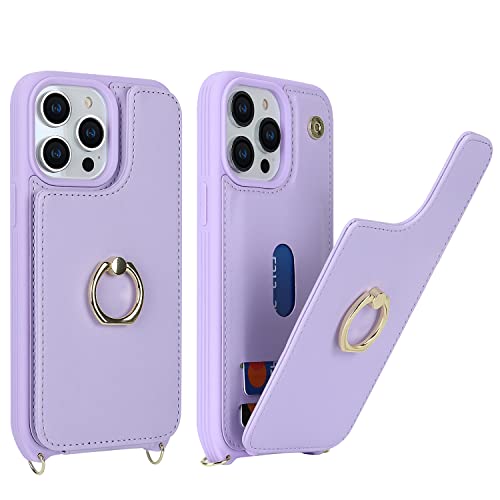 Image of for iPhone 12 /12 Pro Case with Card Holder and Strap for Women,Crossbody Lanyard,RFID Blocking,Kickstand Ring Stand,Snap Clasp,Phone Wallet Cases 6.1 inch(Purple)