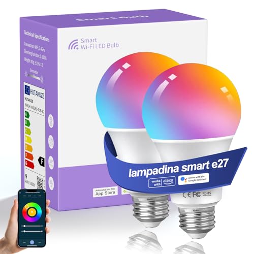 HUTAKUZE Lampadine Wifi Smart E27, Lampadine Inteligente, 9W 806LM Dimmerabile Multicolore, Controllo Remoto Compatibile con Alexa/Google Home/Siri, RGBCW 2700K-6500K, 2 Pezzi